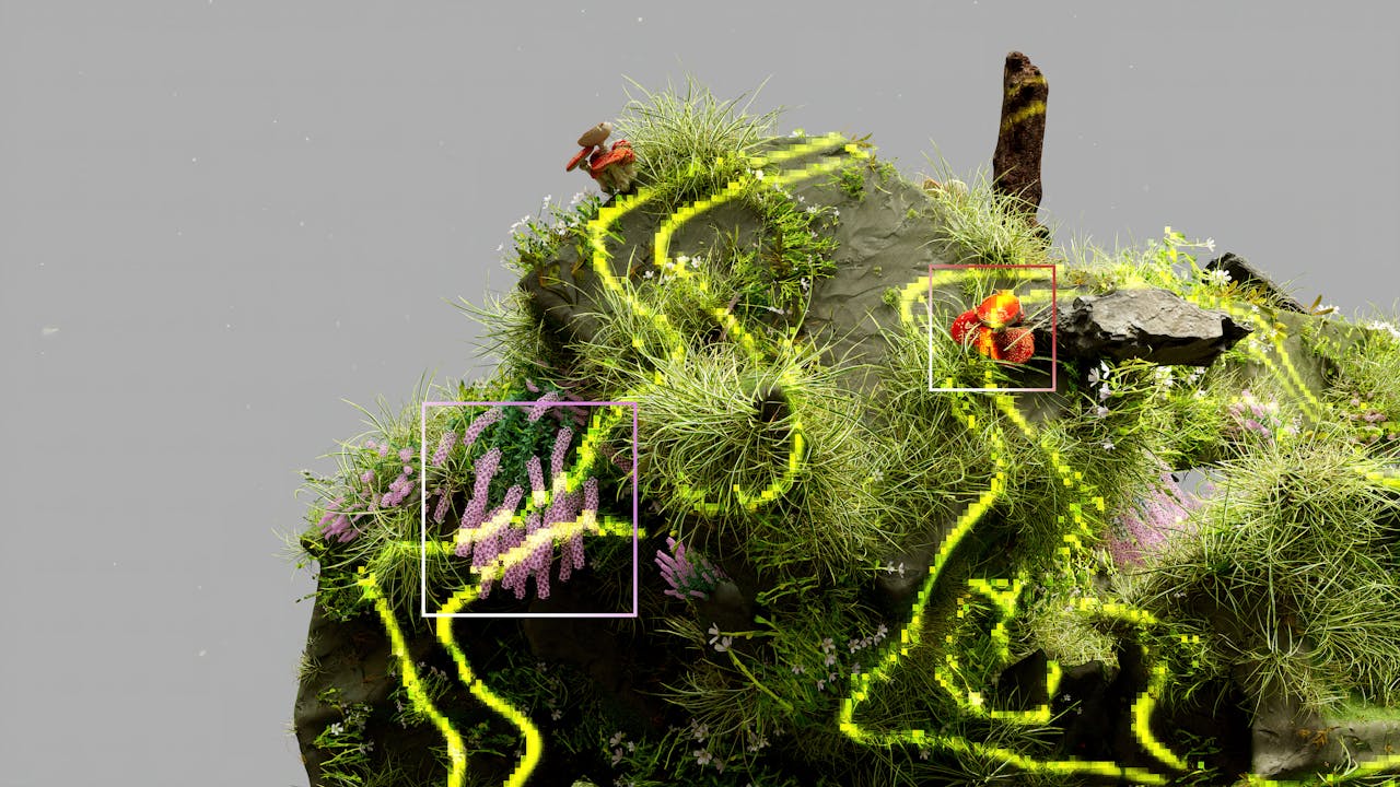 Digital representation of nature with neon elements and abstract plants suggesting AI influence.